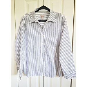 Chico's 3 White/Blue Striped Blouse Button Down XL Silver Metallic Accent Stripe